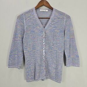 Vtg Anlom Top M Multicolor Pastel Rainbow‎ 3/4 Sleeve Button Up Silk Open Knit